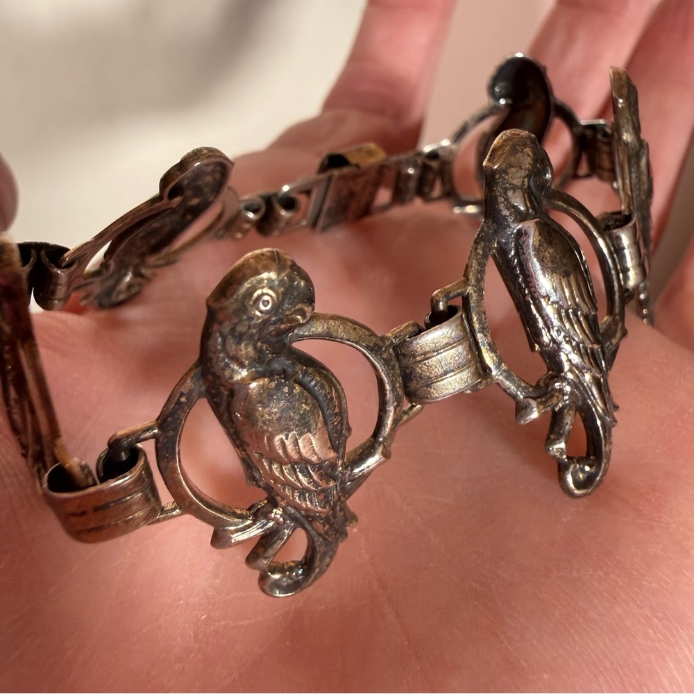 Antique Victorian deco gold vermeil Sterling silver bird parrot wide bracelet